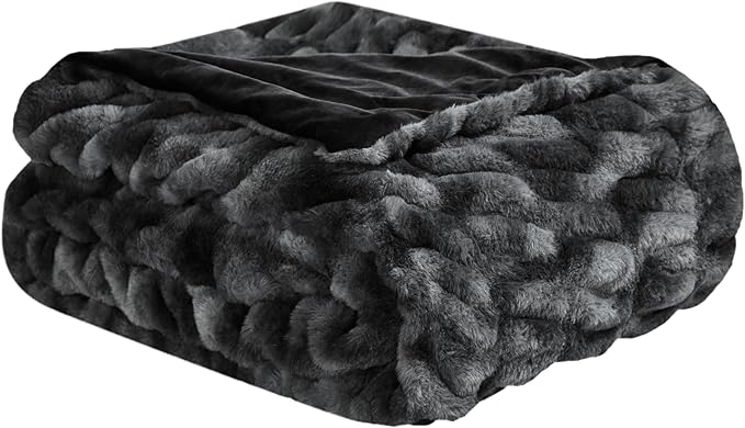 WDCOZY Ruched Faux Fur Throw Blanket Soft Cozy Fluffy Luxurious Blankets Couch Bed Sofa Chair Home Decor Warm Furry Fall Winter Plush Rabbit Fur Bubble Blanket 60" x 80", Dark Grey