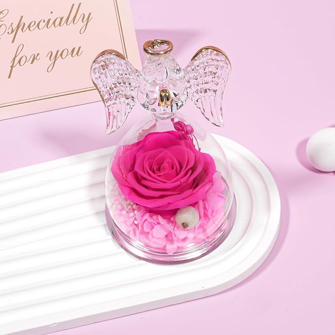 Yamonic Birthday Gifts for Mom,Christmas Angel Figurines with Real Rose Gifts for Her Mom Grandma,Preserved Flowers Rose Glass Angel Figurine for Mothers Day Christmas Birthday Gifts for Her(Hotpink)