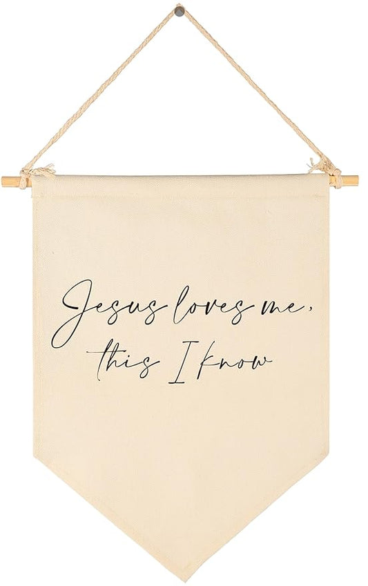 Jesus Loves Me This I Know-Scripture Pennant Flag Sign Gift for Baby Boys Girls Kids-Christian Bible Verses-Canvas Hanging Pennant Banner Wall Decor Gift for Nursery Baby Room Homeschool Playroom