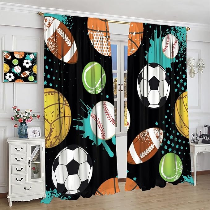 JESTRONRY Sport Window Curtains,Abstract Basketball Football Soccer Rugby Baseball Sports Theme Home Fabric Living Room Kids Boys Girls Teens Bedroom Home Decor Blackout Drapes W63xL72in
