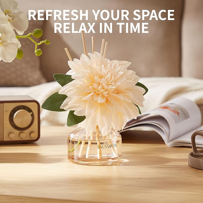 Reed Diffuser Set for Home, 7.1 fl oz / 210 ml - Tangerine Scent Diffuser with Sticks Home Fragrance Flower Reed Diffuser with Plastic Flowers for Bathroom Shelf Décor