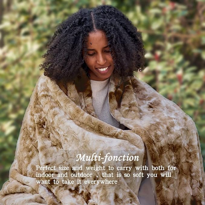 Krifey Faux Fur Blanket for King Size Bed, 3D Texture Soft Cozy Fuzzy Plush Warm Blanket, Christmas Birthday Gifts for Women Mom Girlfriend Men, Room Decor, Marbled Beige, 108x90in