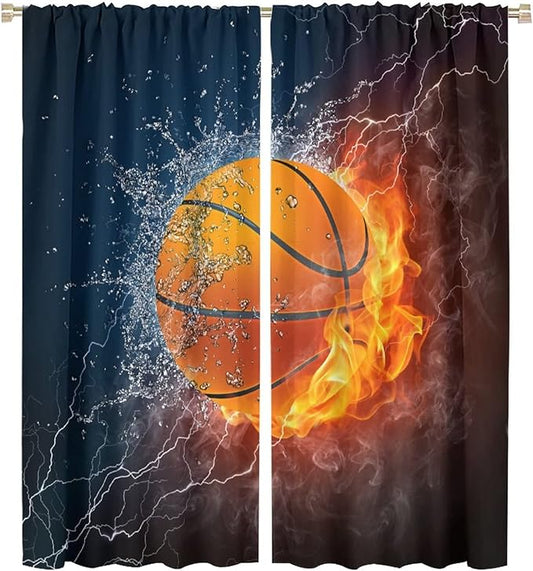JESTRONRY Boys Basketball Curtains,Kids Sports Theme Fire Ball Water Flame Splashing Room Darkening Door Window Rod Pocket Curtain for Living Room Teen Men Bedroom Decor W55xL63in