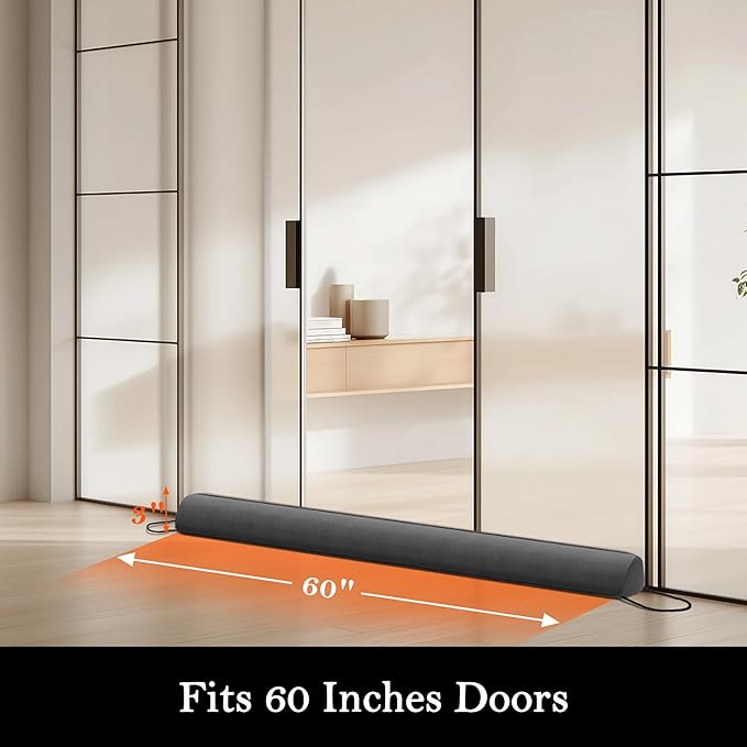 Sunolga 60" Door Draft Stopper Blocks Hot Cold Air with Removable Washable Cover for Gaps Up to 3", All-Season Noise and Wind Seal for The Bottom of Door, Grey