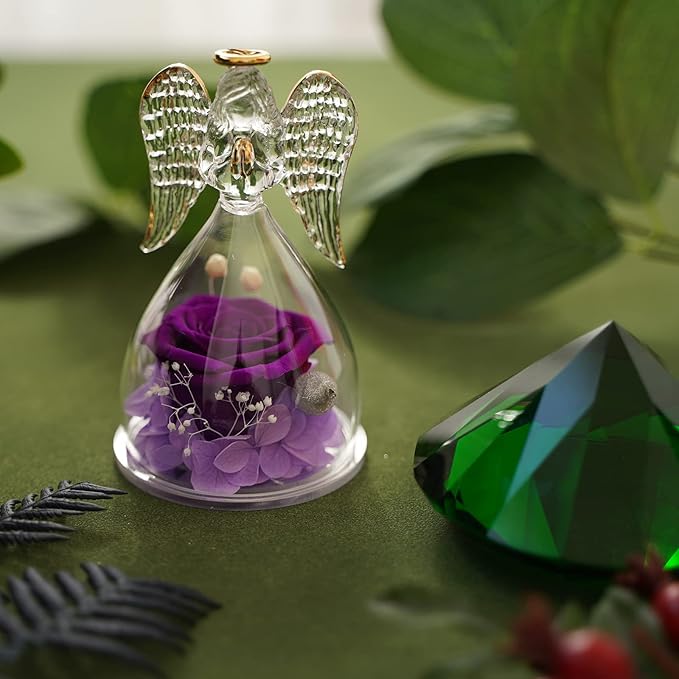 Yamonic Mom Birthday Gifts for Mom Grandma, Angel Figurines with Real Rose Gifts for Women Moms, Preserved Flowers Rose Glass Angel for Mothers Day Christmas Valentine's Day Gifts for Her(Purple)