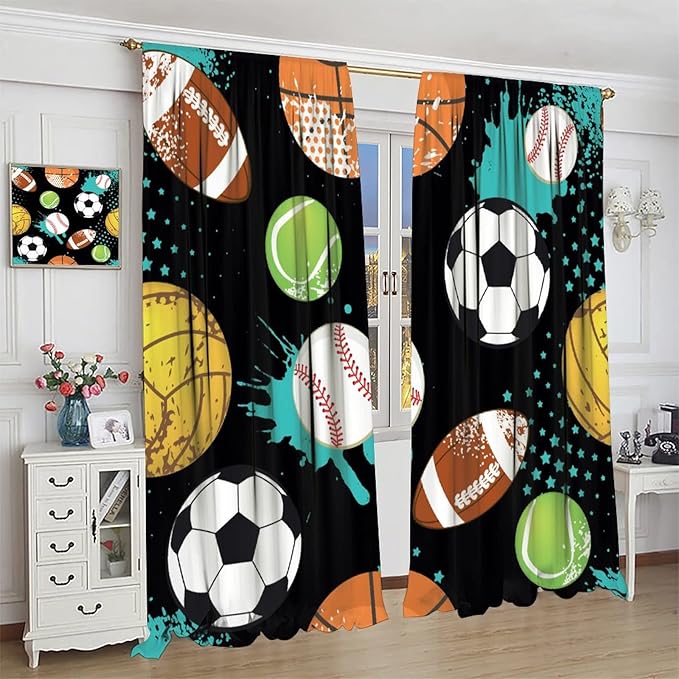 JESTRONRY Sport Window Curtains,Abstract Basketball Football Soccer Rugby Baseball Sports Theme Home Fabric Living Room Kids Boys Girls Teens Bedroom Home Decor Blackout Drapes W42xL63in