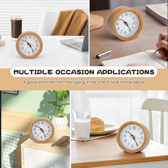 4'' Natural Wooden Analog Alarm Clock with Soft Night Light - Battery Operated Non-Ticking Silent Tabletop Minimalist Desk & Bedside Clock for Bedrooms Living Room Home Office Decor