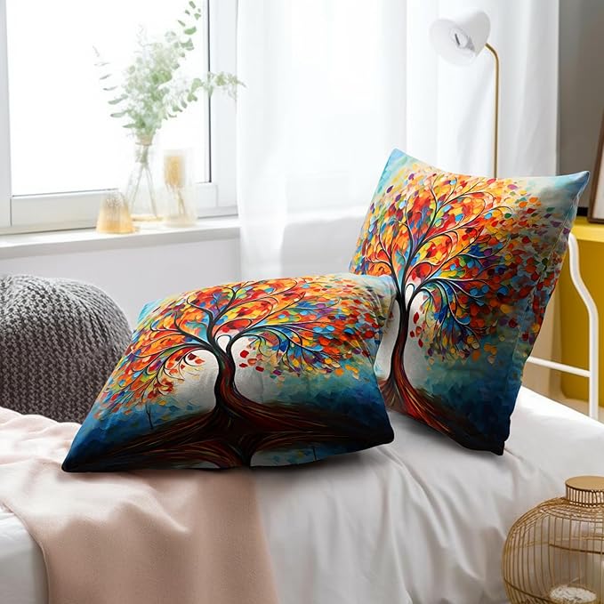Colorful Tree Painting Pillow Cover - Watercolor Trees Throw Pillow Covers 20x20 Set of 2 Botanical Throw Pillow Covers Forest Pillowcase Spring Summer Decor for Indoor Outdoor