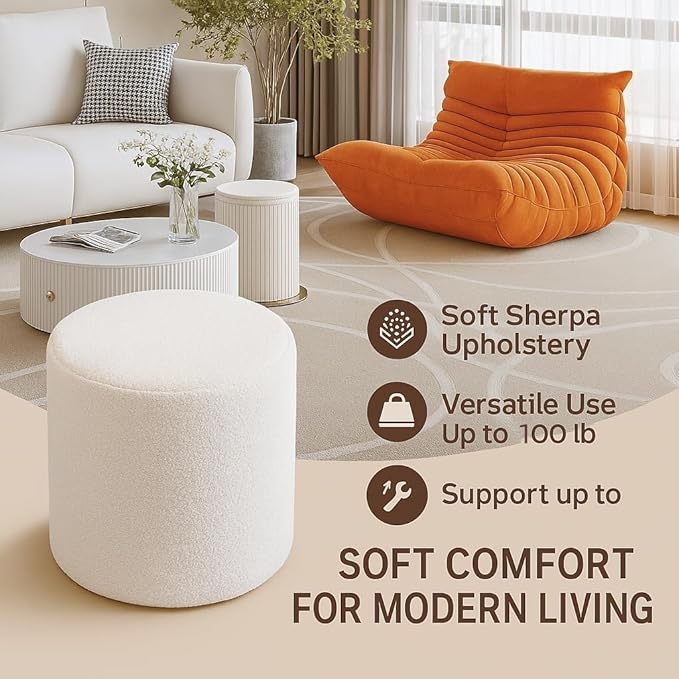 Round Pouf Ottoman and Foot Rest, Soft Boucle Footstool Ottomans for Living Room, Comfort Sponge Stuffed Poofs for Couch Desk Resting Your Feet, White(17.1" D x 17.1" W x 14" H)