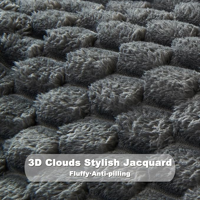 NEWCOSPLAY Super Soft Queen Blanket Grey Premium Silky Flannel Fleece 3D Clouds Stylish Jacquard Lightweight Bed Blanket All Season Use 350GSM (Grey, Queen(90"x90"))