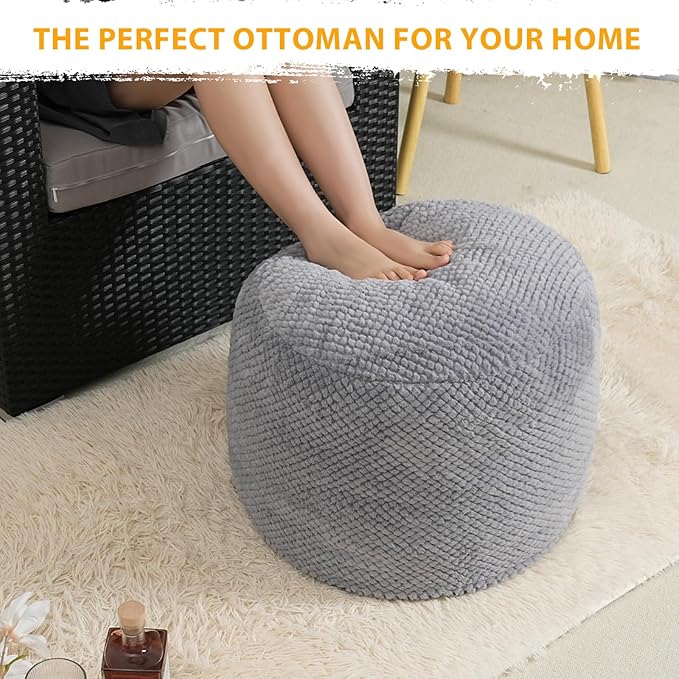 Round Stuffed Pouf Ottoman for Foot Rest, Faux Fur Poufs with Foam Chunk Filling, Storage Ottoman Pouf Foot Stool Cushion Poufs, 26 X 18 Inch Floor Chair for Living Room Bedroom Home Decor, Gray