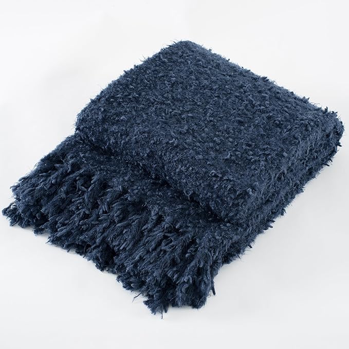 Winter Knit Throw Blanket Fluffy Fuzzy Soft Lightweight Cozy Farmhouse Tassels Chunky Knitted Throws for Couch Sofa Bed (Navy Blue, 50"x60")