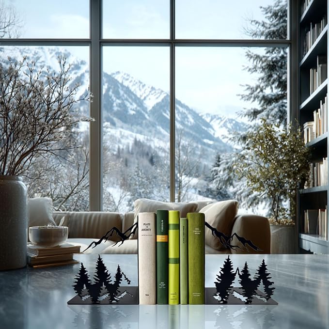 Matte Black Iron Heavy Duty Bookends - Laser-Engraved Mountain Design, Decorative Shelf Stoppers for Books, Space-Saving Desk Organizer (Modern, Rustic, Vintage Style)
