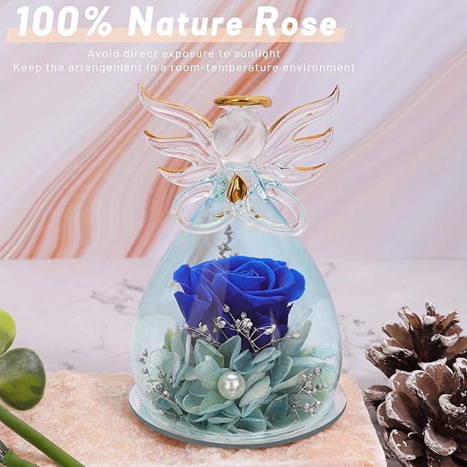 ANLUNOB Preserved Rose Birthday Gifts for Women Mom Grandma Wife, Glass Angel Figurines Gifts with Pretty Dark Blue Flowers for Anniversary Wedding