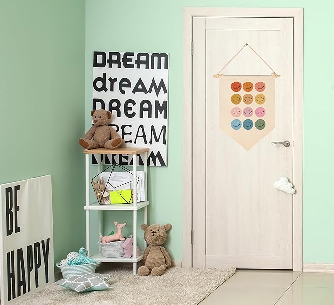 Smiley Face-Gifts for Boys Girls Kids-Canvas Hanging Flag Pennant Banner Wall Decor Gifts for Classroom Nursery Homeschool Baby Room Playroom Reading Room Bedroom Front Door-Baby Present Shower