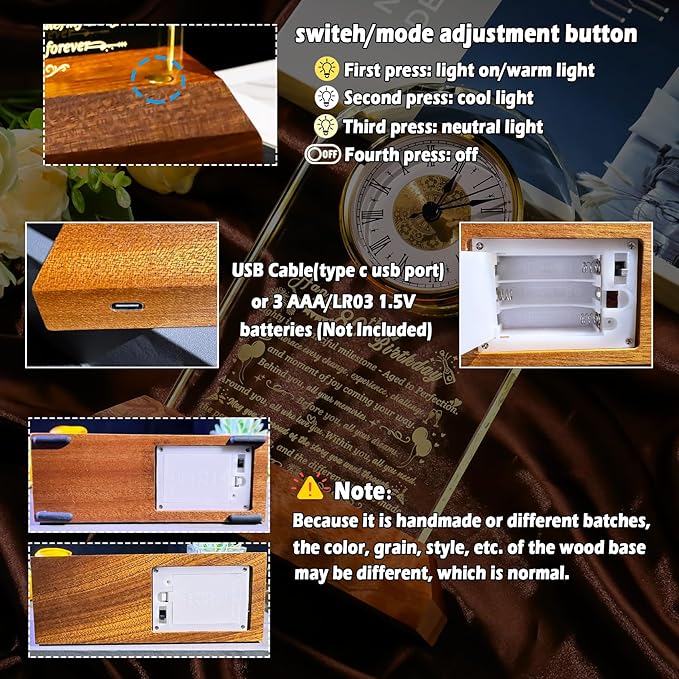 Happy 80th Birthday Glass Clock Gifts for Women, Men - 80 Year Old Birthday Gift with Wooden Light Base for Her Him, Turning 80 Quartz Clock Gift Idea for Mom Dad Unique Keepsake