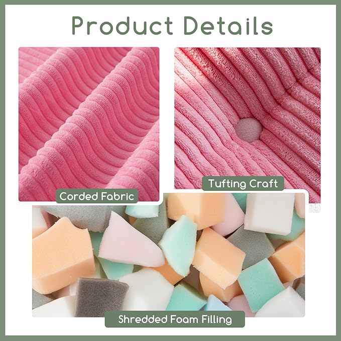 HIGOGOGO Square Stuffed Pouf Ottoman, Corduroy Poufs with Foam Chunk Filling, Furry and Fluffy Pouf Foot Stool Storage Ottoman, 21 X 21 Floor Poufs Foot Rest for Living Room, Pink