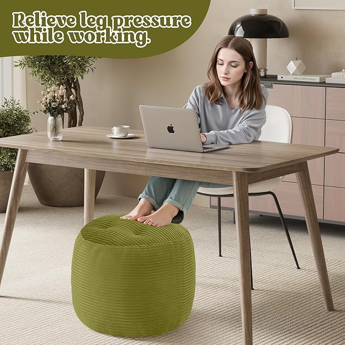 MeMoreCool Stuffed Round Pouf Ottoman Foot Rest, Floor Pouf Foot Stool with Soft Foam Chunk Filling, Round Small Ottoman Footstool Circle Footrest for Couch Living Room, Corduroy Green