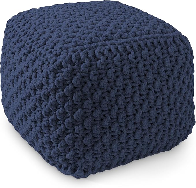 Casafield Square Pouf Ottoman, Navy Blue 18.5" W x 18.5" D x 14.5" H Cotton Knit Foot Stool - Boho Floor Pouffe for Living Room, Bedroom, Home Office