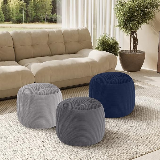 MeMoreCool Stuffed Round Pouf Ottoman Foot Rest, Floor Pouf Foot Stool with Soft Foam Chunk Filling, Round Small Ottoman Footstool Circle Footrest for Couch Living Room, Corduroy Navy