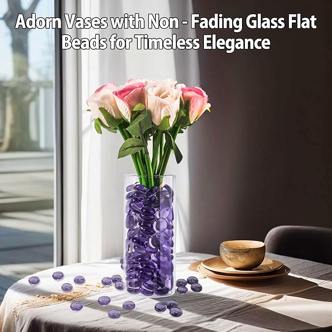 Purple Glass Marbles, 0.97 LB Transparent and Smooth Flat Glass Beads for Vases, Mosaic Gem Pebbles for Aquarium Decor, Floral Arrangements, Mancala Stones, Vase Filler and Crafts (Approx. 80-100 PCS)