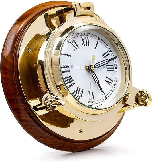 Nagina International Large Nautical Authentic Brass Porthole Clock On Wooden Rosewood Mount | Excellent Quality Nautical Decor for Real Navals (13 Inches)