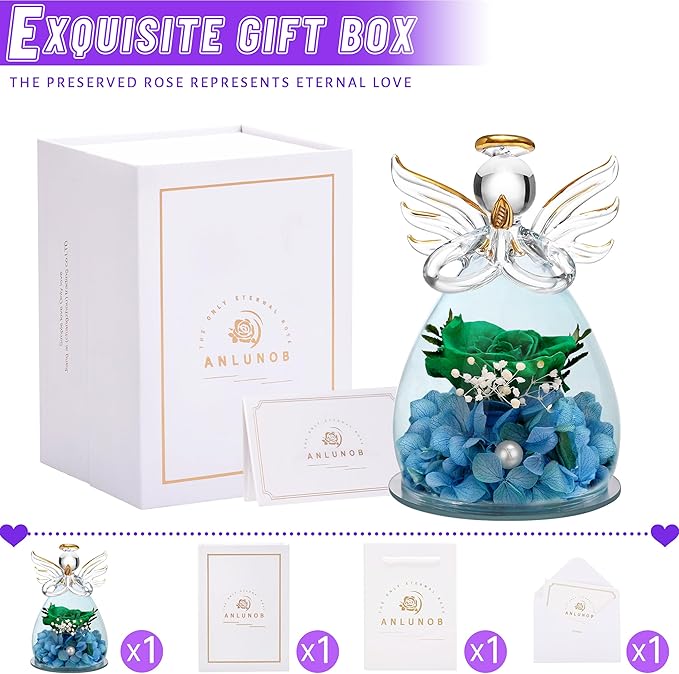 ANLUNOB Preserved Rose Birthday Gifts for Women Mom Grandma Wife, Glass Angel Figurines Gifts with Pretty Green Flowers for Anniversary Wedding