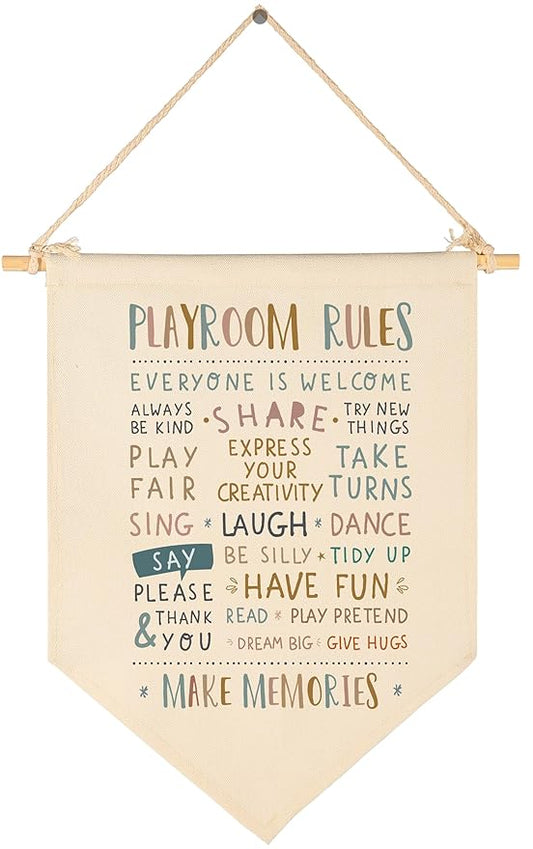 Playroom Rules-Wall Decor Gifts for Baby Boy Girl Kids-Canvas Hanging Flag Pennant Banner Wall Decor Gifts for Nursery Homeschool Baby Room Playroom Reading Room Bedroom Front Door