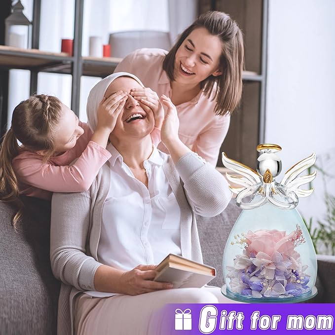 ANLUNOB Preserved Rose Birthday Gifts for Women Mom Grandma Wife, Glass Angel Figurines Gifts with Pretty Flesh Pink Flowers for Anniversary Wedding
