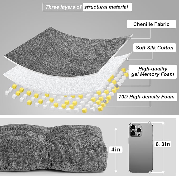 Bench Cushion 45 Inch - Luxury Chenille, High-Density Memory Foam, Non-Slip Bottom, Soft Durable Indoor Tufted Long Seat Cushion for Window Garden Furniture (Gray, 45x18x4 Inch)