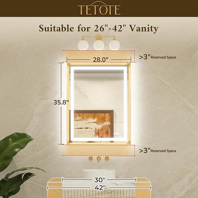 TETOTE 28 x 36 Bathroom LED Mirror Brushed Gold Metal Frame Frontlit & Backlit Vanity Mirror Anti-Fog Stepless Dimmable 3 Colors White/Warm/Natural with Lights Wall-Mounted