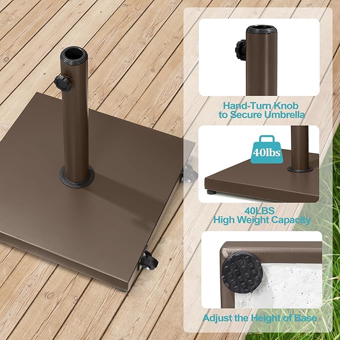 Patio Umbrella Base 40lbs Outdoor Umbrella Stand with Wheels, Heavy Duty Square Concrete Stand Market Umbrella, Brown