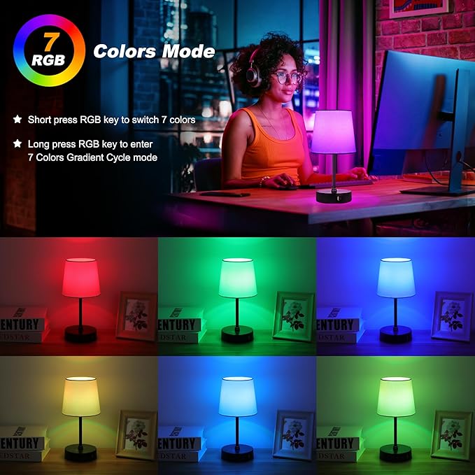 Ascher Small Bedside Table lamp, RGB Color Changing Lamps, 3 Color Temperatures, Dimmable Nightstand Lamp with USB C+A Ports, Touch Desk Lamp for Bedroom Living Room, H11.4in(White Shade)