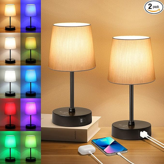 Ascher Small Bedside Table lamp Set of 2, RGB Color Changing Lamps, 3 Color Temperatures Nightstand Lamps with USB C and A Ports, Touch Dimmable Desk Lamp for Bedroom Living Room(Grey Shade)