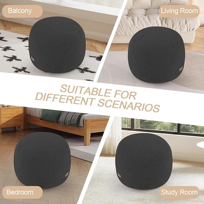 MeMoreCool Stuffed Round Pouf Ottoman Foot Rest, Floor Pouf Foot Stool with Soft Foam Chunk Filling, Small Round Ottoman Footstool Circle Footrest for Living Room, Dark Grey
