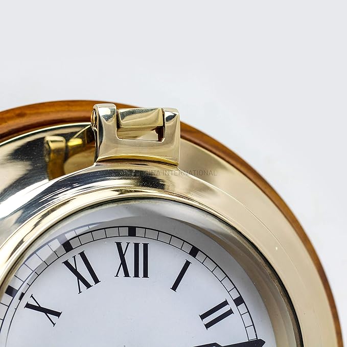 Nagina International Large Nautical Authentic Brass Porthole Clock On Wooden Rosewood Mount | Excellent Quality Nautical Decor for Real Navals (10 Inches)