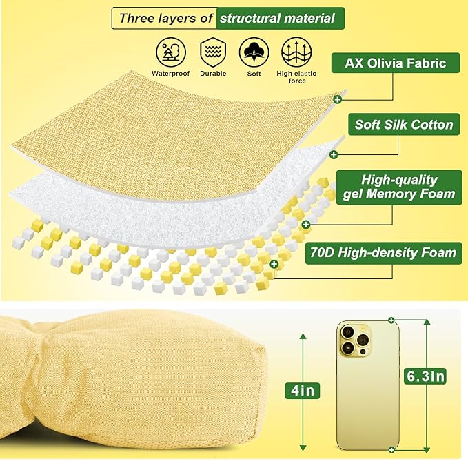 Waterproof Bench Cushion 42 Inch - Oliven Fabric, High-Density Foam, Non-Slip Bottom, Soft Durable Outdoor Tufted Long Seat Cushion for Window Garden Furniture (Yellow, 42x16x4 Inch)