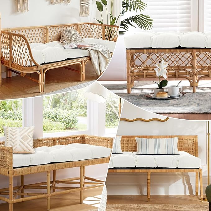 Bench Cushion 42 Inch - Chenille, High-Density Memory Foam, Non-Slip Bottom, Soft Durable Indoor Tufted Long Seat Cushion for Window Garden Furniture (White, 42x16x4 Inch)