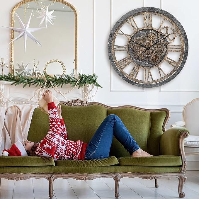 Large Wall Clock, Wall Clocks for Living Room Decor 20 Inch Farmhouse Vintage Rustic Kitchen Wall Decor Vintage Roman Oversized Wall Clock for Home Bedroom House Office, Moving Gears Clock