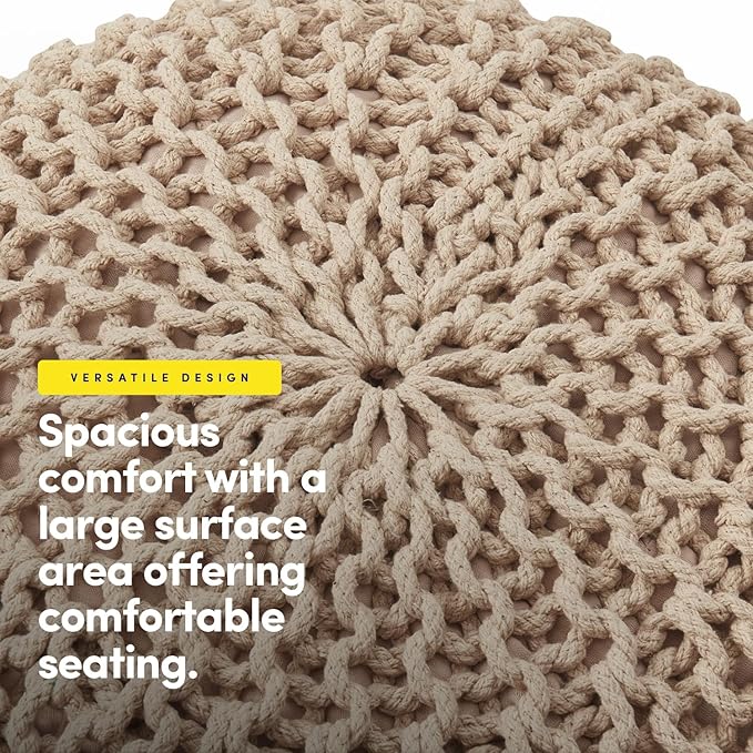 Pouf Ottoman Foot Rest Stuffed – 20” Diameter x 14” Tall Cozy Floor Pouf for Living Room, Bedroom, Nursery & More – 100% Cotton Knit Shell, EPS Bead Filled Footrest & Accent Chair, Taupe