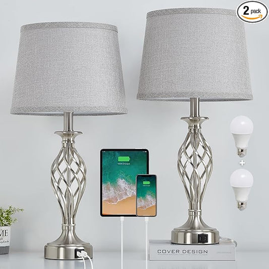 Nightstand Table Lamps for Bedrooms Set of 2 with USB C+A, Bedside Lamps with Spiral Cage Base, Tall Living Room Lamps for End Tables, Modern Night Stand Lamps for Bed Side Guest Room Bulbs Included