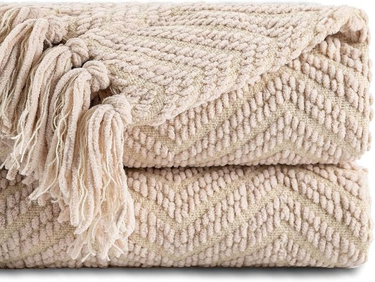 BATTILO HOME Beige Throw Blanket for Couch, Knitted Beige Throw for Bed, Neutral Throw Blankets Tan Throw Blanket for Room Decor Housewarming Gifts, 50" x 60"