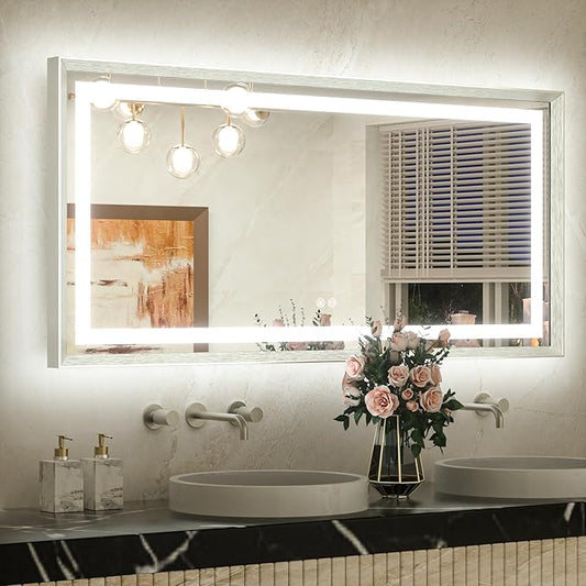 TETOTE 48 x 24 Bathroom LED Mirror Brushed Nickel Metal Frame Frontlit & Backlit Vanity Mirror Stepless Dimmable Anti-Fog 3 Colors White/Warm/Natural Light up Vanity Wall-Mounted