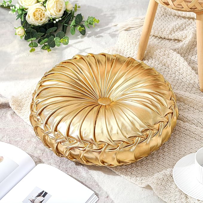 1 Pcs Round Throw Pillows Decorative Polyester Pleated Throw Pillows 15'' Diameter Accent Pumpkin Boho Chair Cushion for Couch Sofa Home Decoration (Gold)
