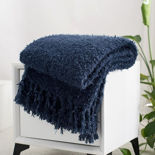 Winter Knit Throw Blanket Fluffy Fuzzy Soft Lightweight Cozy Farmhouse Tassels Chunky Knitted Throws for Couch Sofa Bed (Navy Blue, 60"x80")