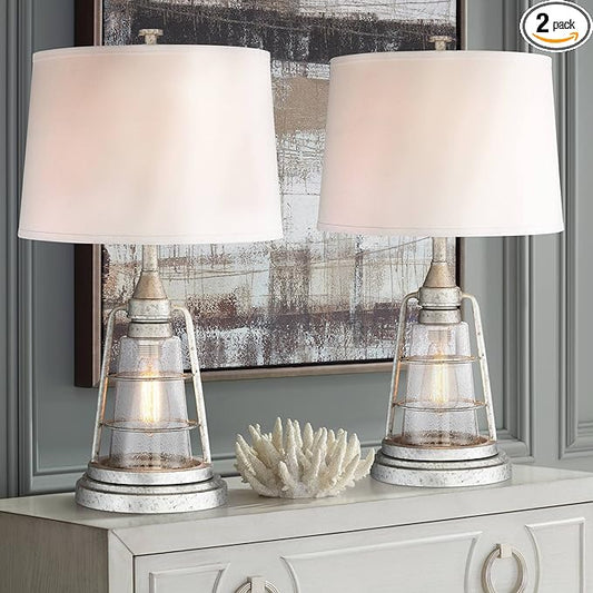 Franklin Iron Works Fisher 28 3/4" Tall Lantern Industrial Farmhouse Rustic Coastal End Table Lamps Set of 2 Night Light Silver Galvanized Finish Metal Living Room Bedroom Bedside Nightstand House