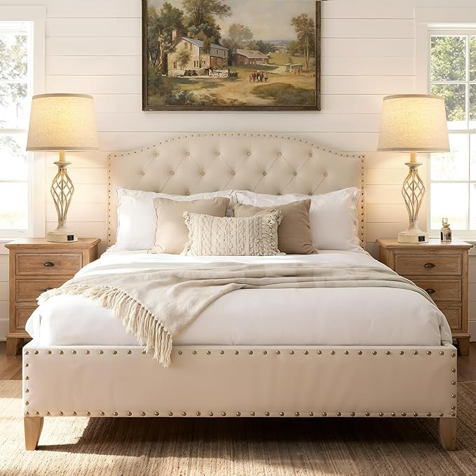 Bedside Table Lamp for Bedroom Set of 2 - Beige Nightstand Lamps with USB C+A Ports,Rustic Distressed Farmhouse Bedroom Lamp - Lamp for Living Room Reading Bed Side End Table Bulbs Included