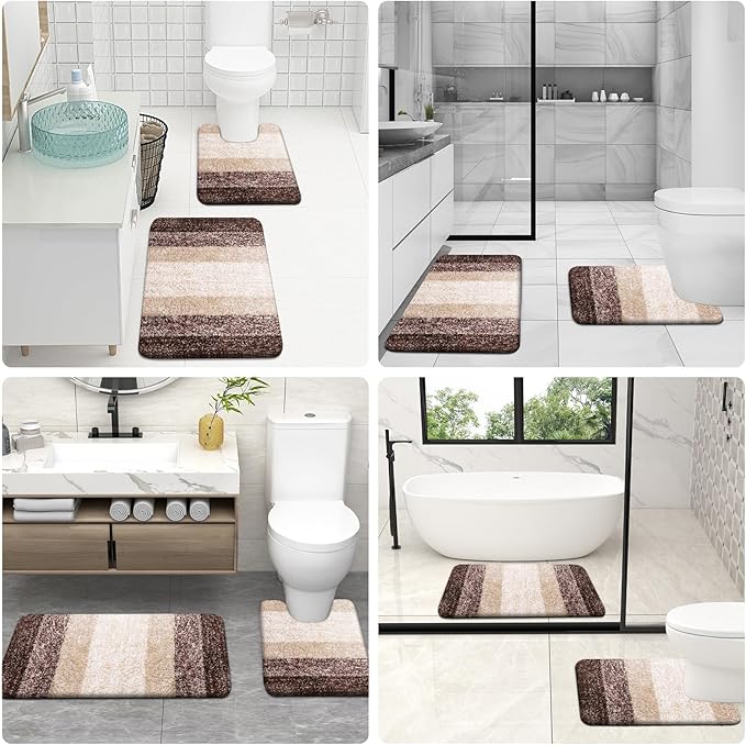 OLANLY Bathroom Rugs Sets 4 Piece, Soft Microfiber Absorbent Bath Mat, U-Shaped Contour Toilet Mat and Toilet Lid Cover, Quick Dry, Machine Washable, Toilet Cover and Rug Set for Bathroom, Brown