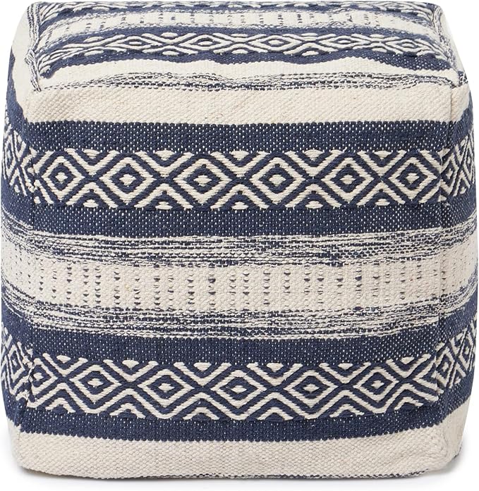 REDEARTH · Tufted Pouf Ottoman with Filler Textured Storage Cube Bean Bag Pouffe Footrest for Living Room, Bedroom, Nursery, Home Decor; 100% Cotton (17.5"X17.5"X17.5", Indigo Impressions)