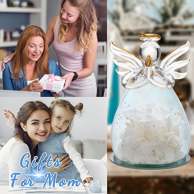 ANLUNOB Preserved Rose Birthday Gifts for Women Mom Grandma Wife, Glass Angel Figurines Gifts with Pretty White Flowers for Anniversary Wedding